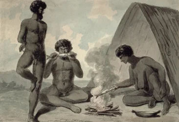 Aborygeni jedzący ryby przy ognisku, prawdopodobnie autorstwa Philipa Gidleya Kinga (1758-1808)